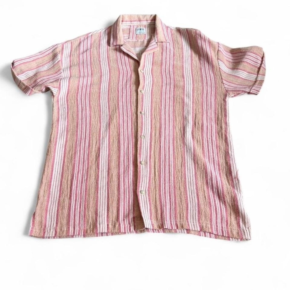 Zara Textured Stripe Button Up Shirt‎ Mens L Pink Short Sleeve Summer